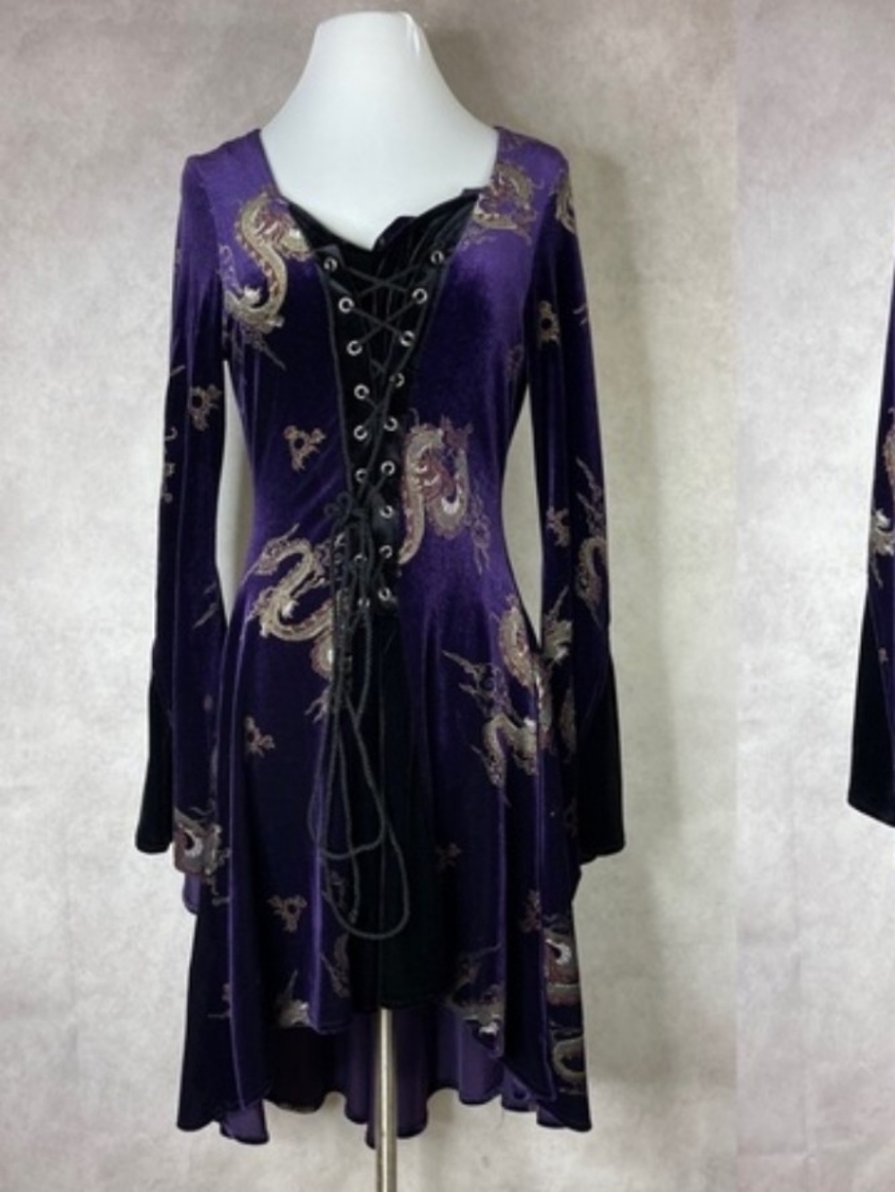 Shrine Hollywood Velvet Dragons Bell Sleeve Dress Small Purple Lace-up Corset